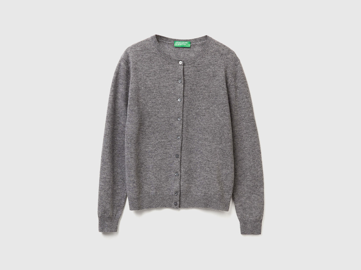 Cardigã de gola redonda cinzento rato em pura lã Merino - ucb_image_FS