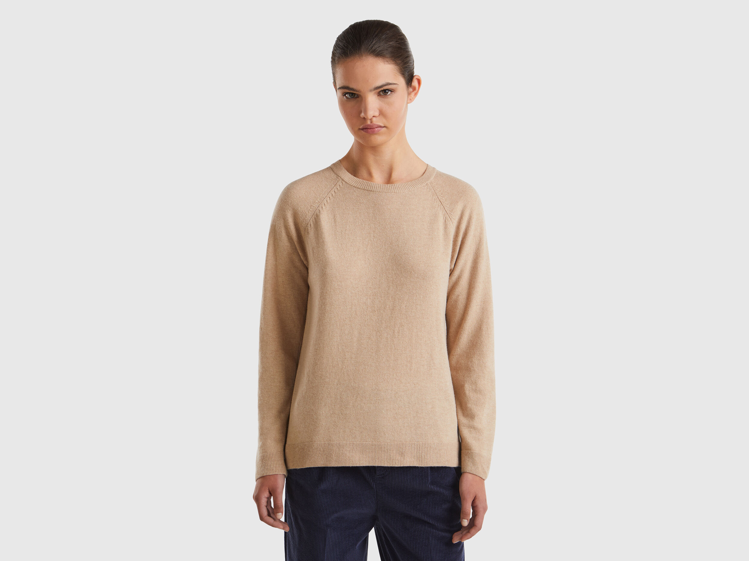Pull camel a col rond en melange de laine et de cachemire Beige Benetton