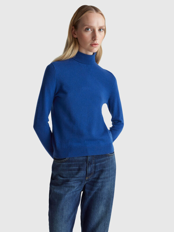 Pull col roulé bleu en pure laine mérinos Femme