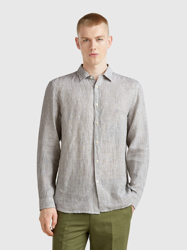 Chemise rayée verte et blanche en pur lin Homme