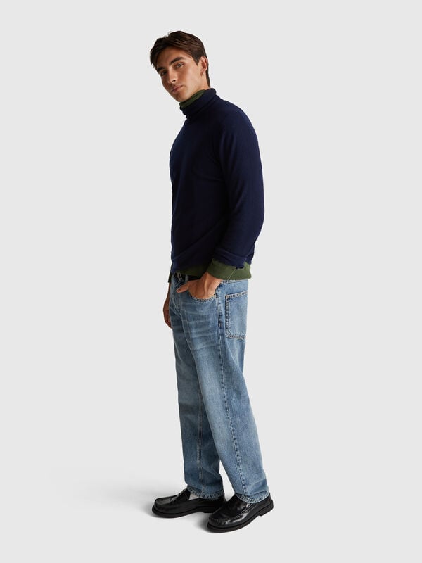 Col roulé bleu foncé en pure laine mérinos Homme