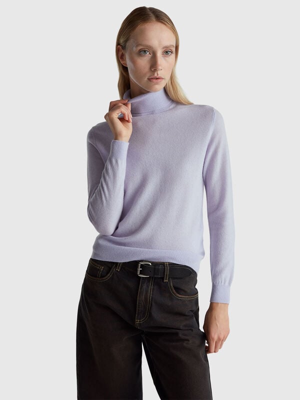Pull col roulé lilas en pure laine mérinos Femme