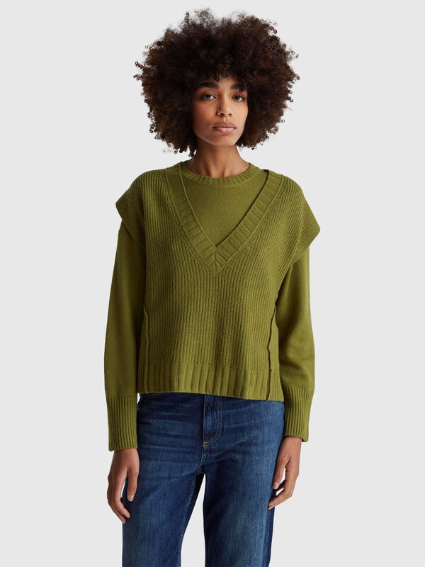 Gilet col V en laine mélangée Femme