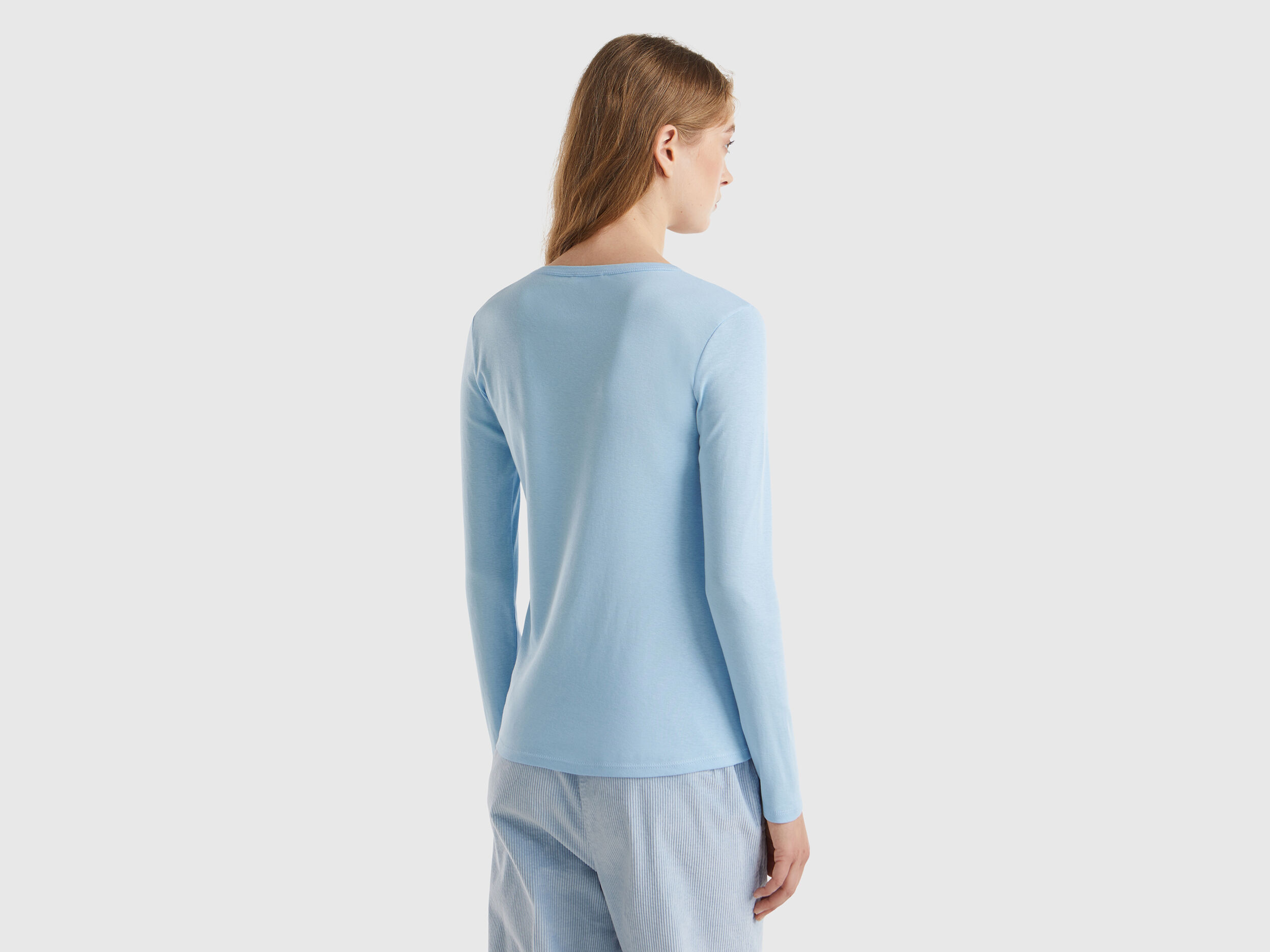 T shirt turquoise a manches longues 100 coton Bleu Clair Benetton