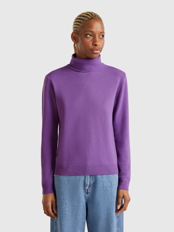 Pull violet à col montant en pure laine mérinos Femme