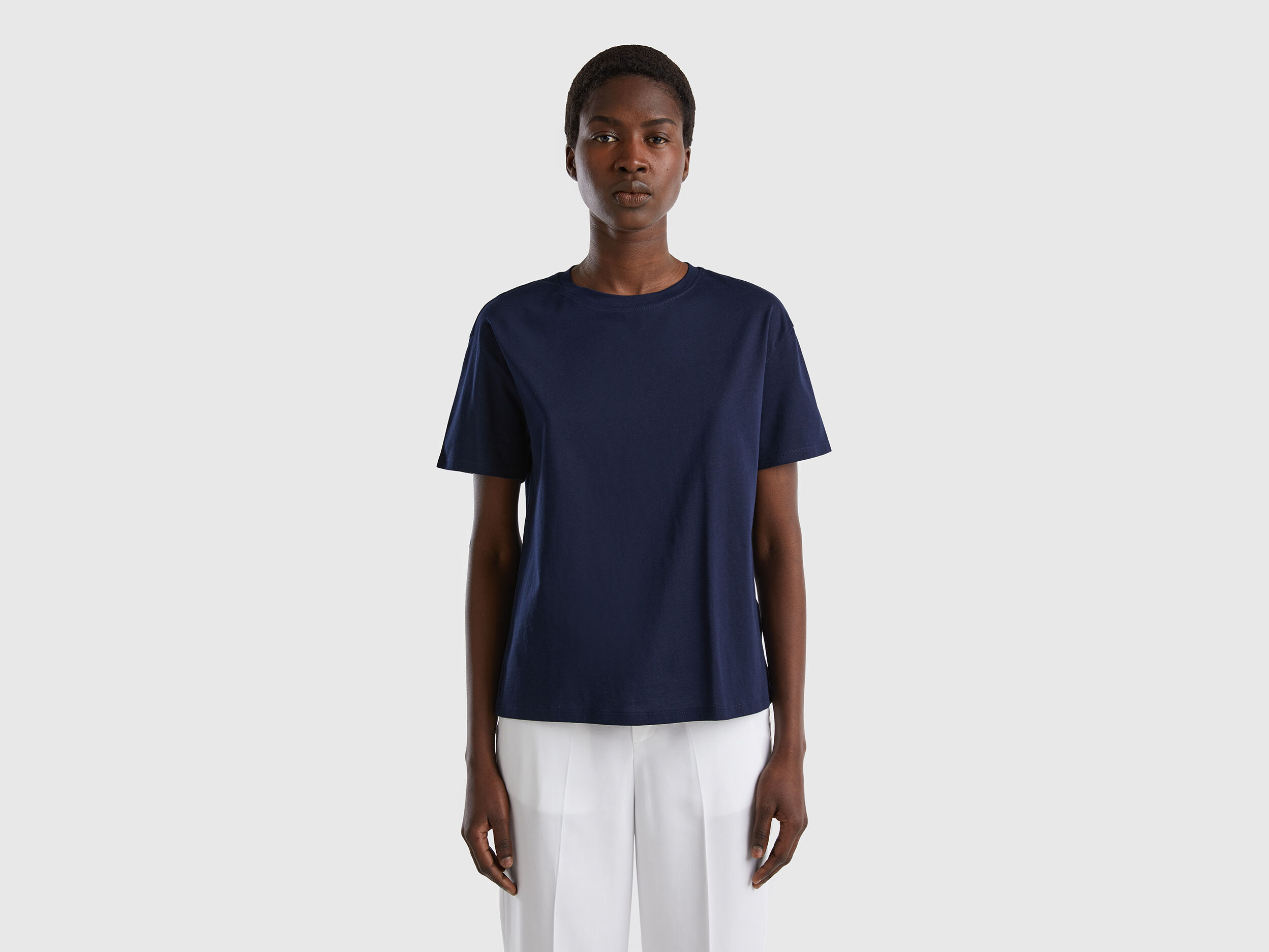 T shirt 100 coton manches courtes Bleu Fonc Benetton