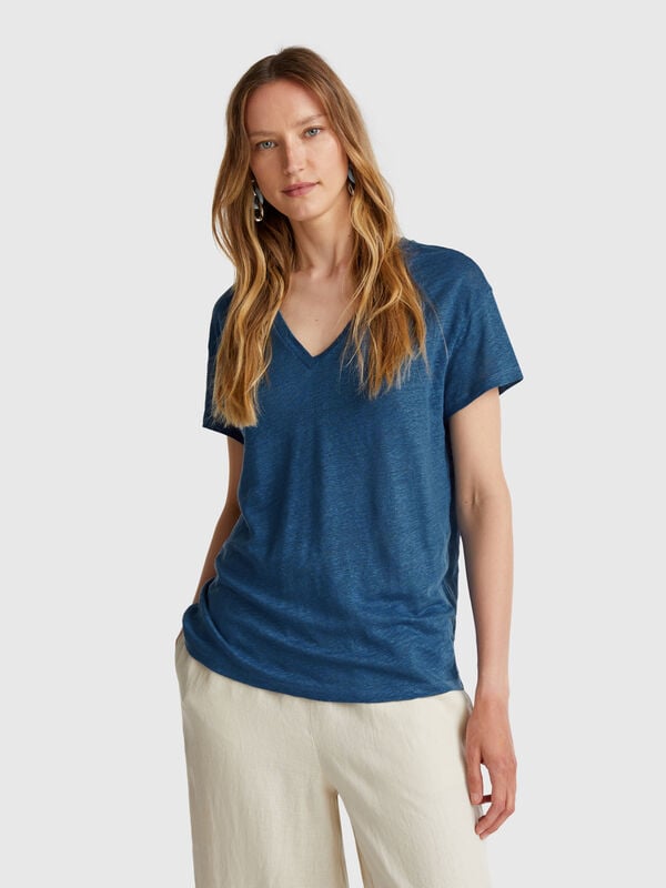 T-shirt col V en pur lin Femme