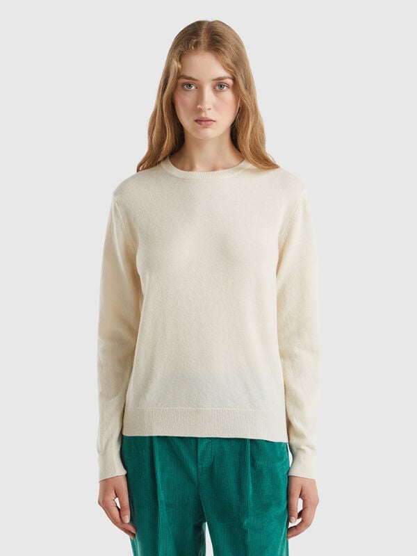 Pull col rond beige en laine Mérinos Femme