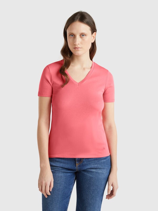 T-shirt fuchsia en pur coton à col en V Femme