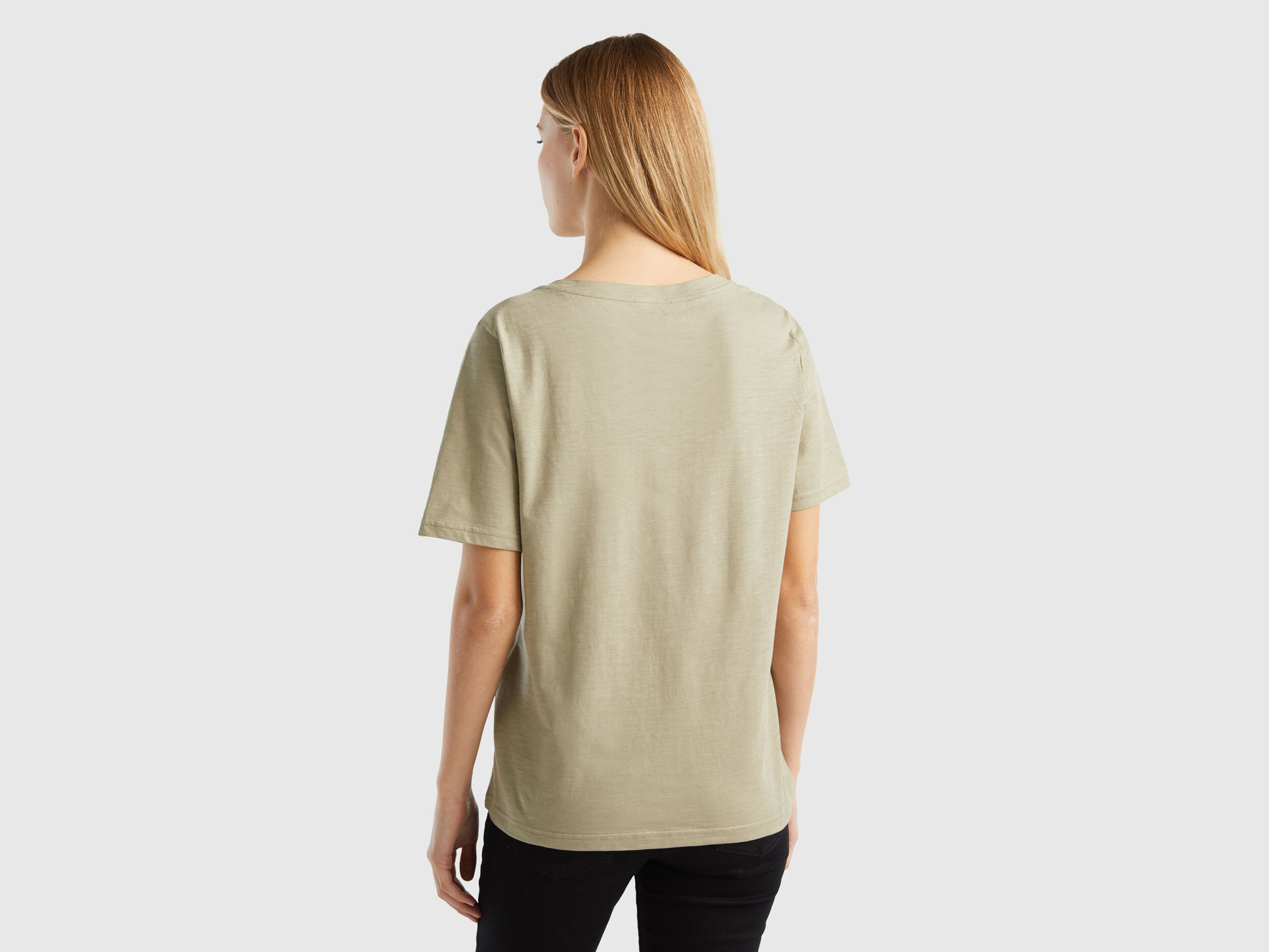 T shirt en coton flamm col en V Vert Clair Benetton
