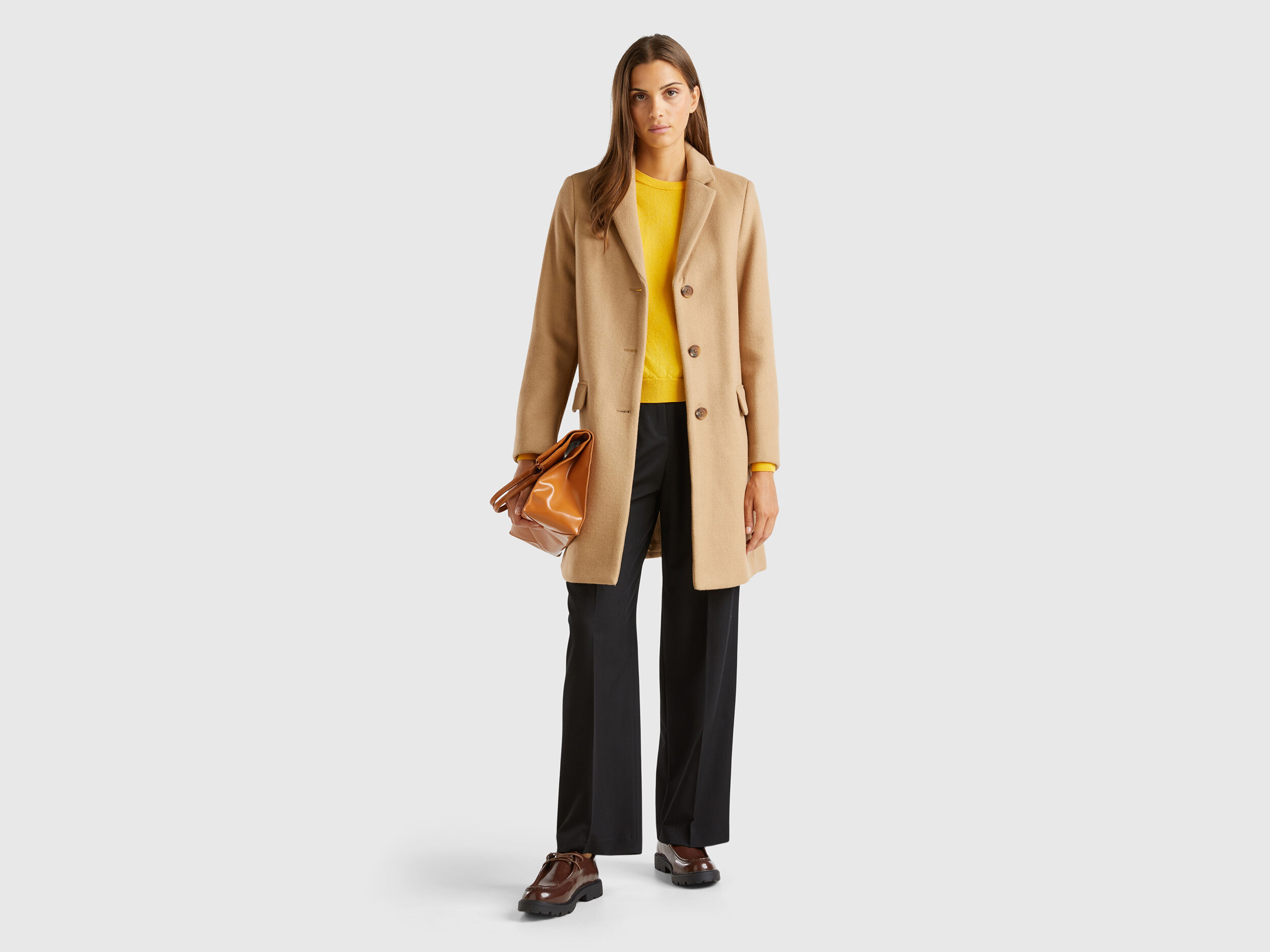 Manteau court en drap de laine melangee Beige Benetton