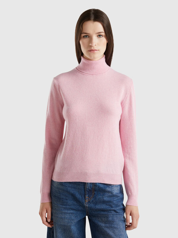 Pull col roulé rose en pure laine mérinos Femme