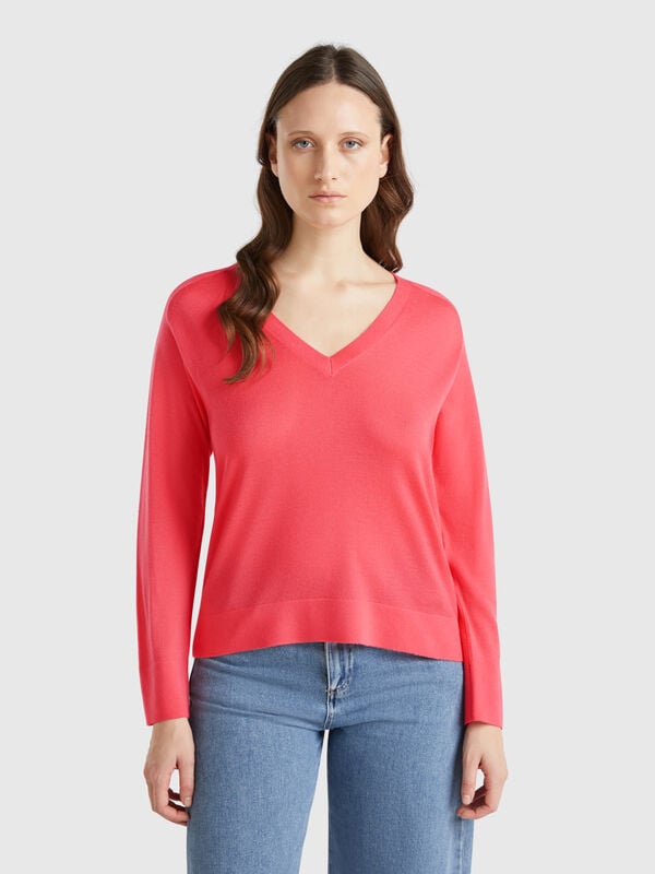 Pull col V en pure laine Mérinos Femme