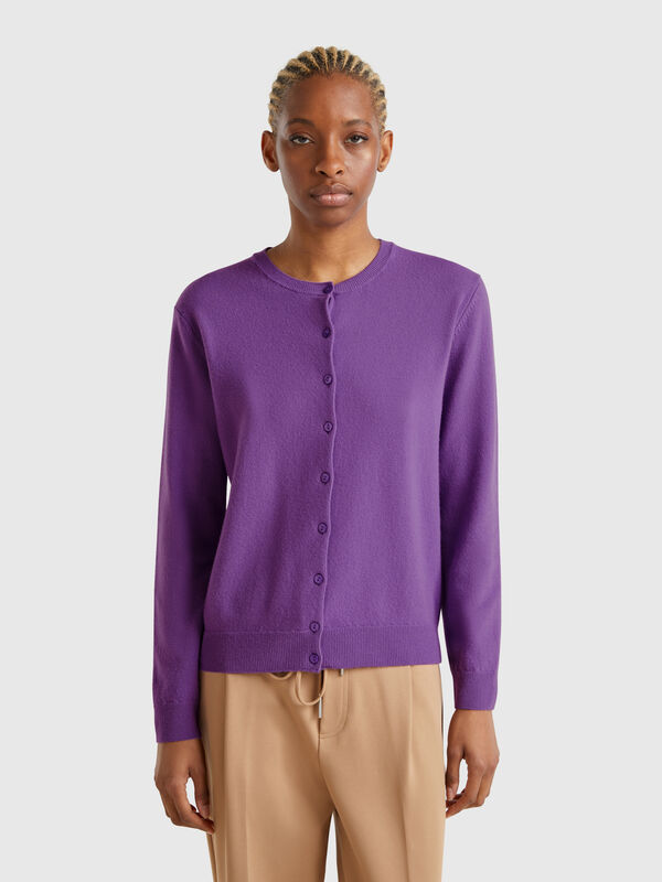 Gilet violet à col rond en pure laine mérinos Femme