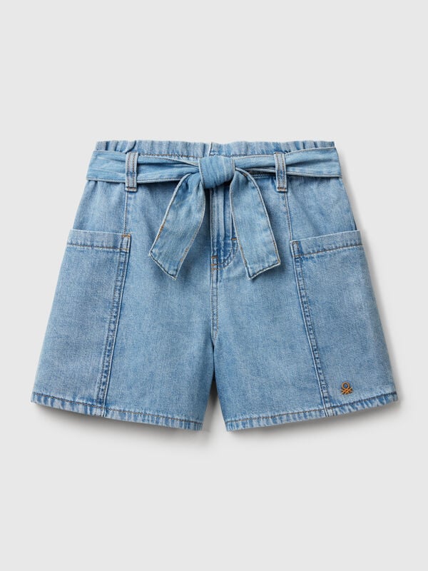 Paperbag bermuda en denim léger Filles