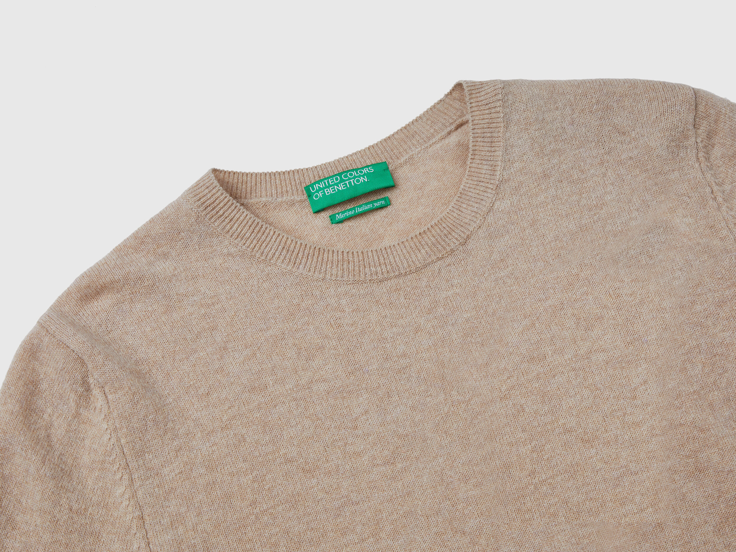 Pull beige col rond en pur laine M rinos Beige Benetton