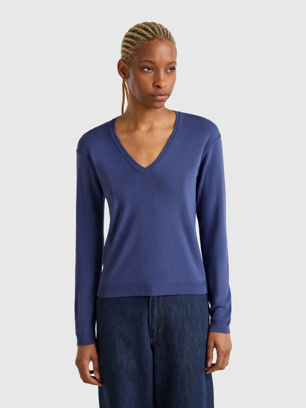 Pull en pur coton à col en V Femme