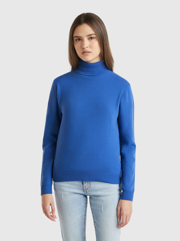 Pull bleu turquoise à col montant en pure laine mérinos Femme