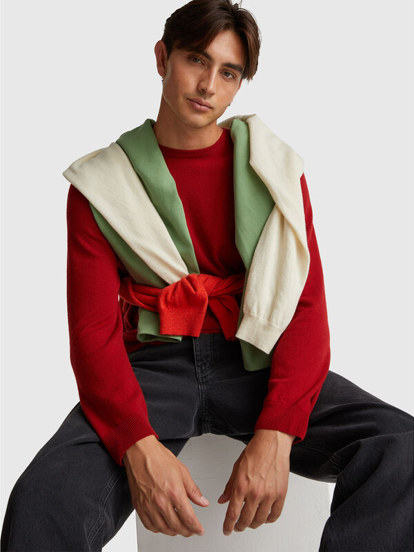 Pull col rond bordeaux en pure laine mérinos Homme