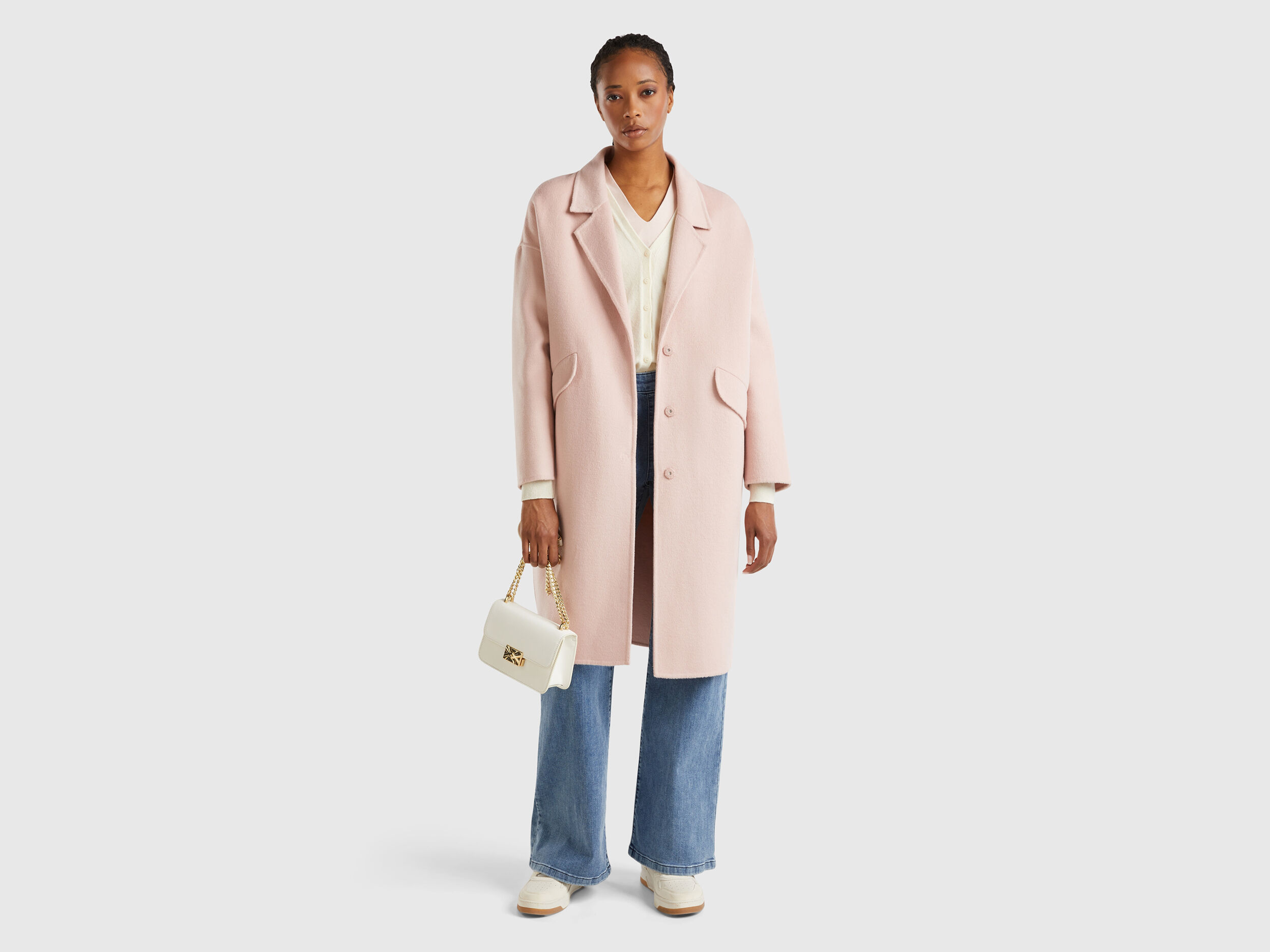 Manteau midi en laine melangee Rose Benetton