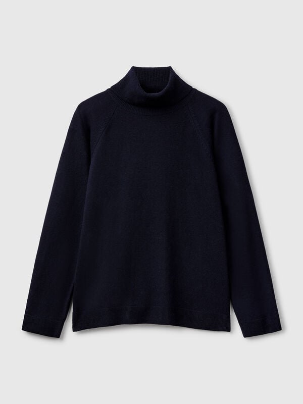 Pull col roulé bleu nuit en mélange laine et cachemire Femme
