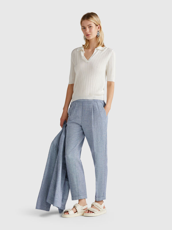Pantalon en lin mélangé à carreaux Femme