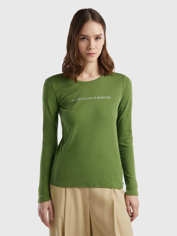 T-shirt vert militaire à manches longues 100 % coton Femme