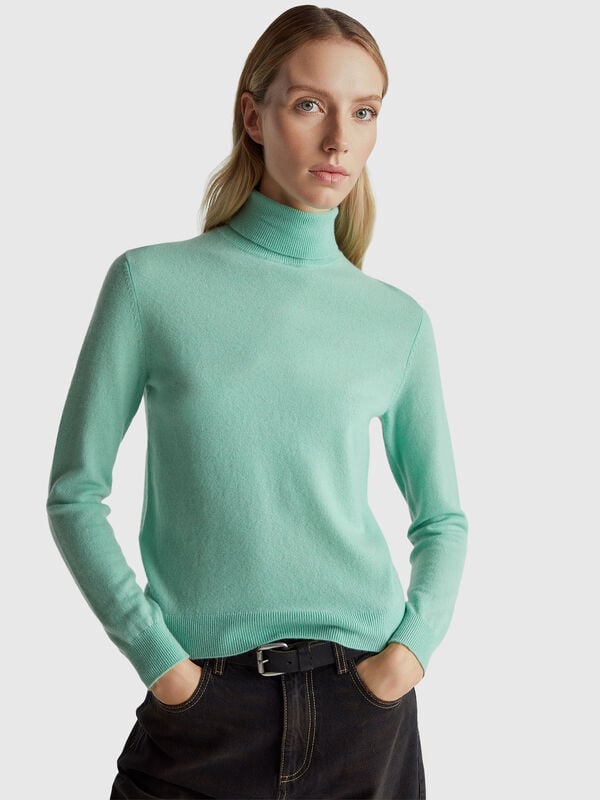 Pull col roulé vert clair en pure laine mérinos Femme