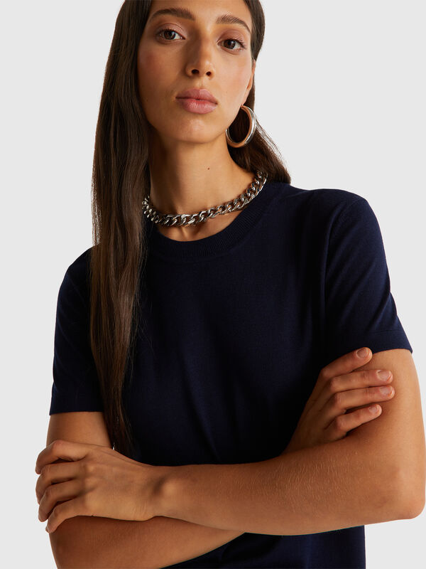 Pull à manches courtes en soie mélangée Femme