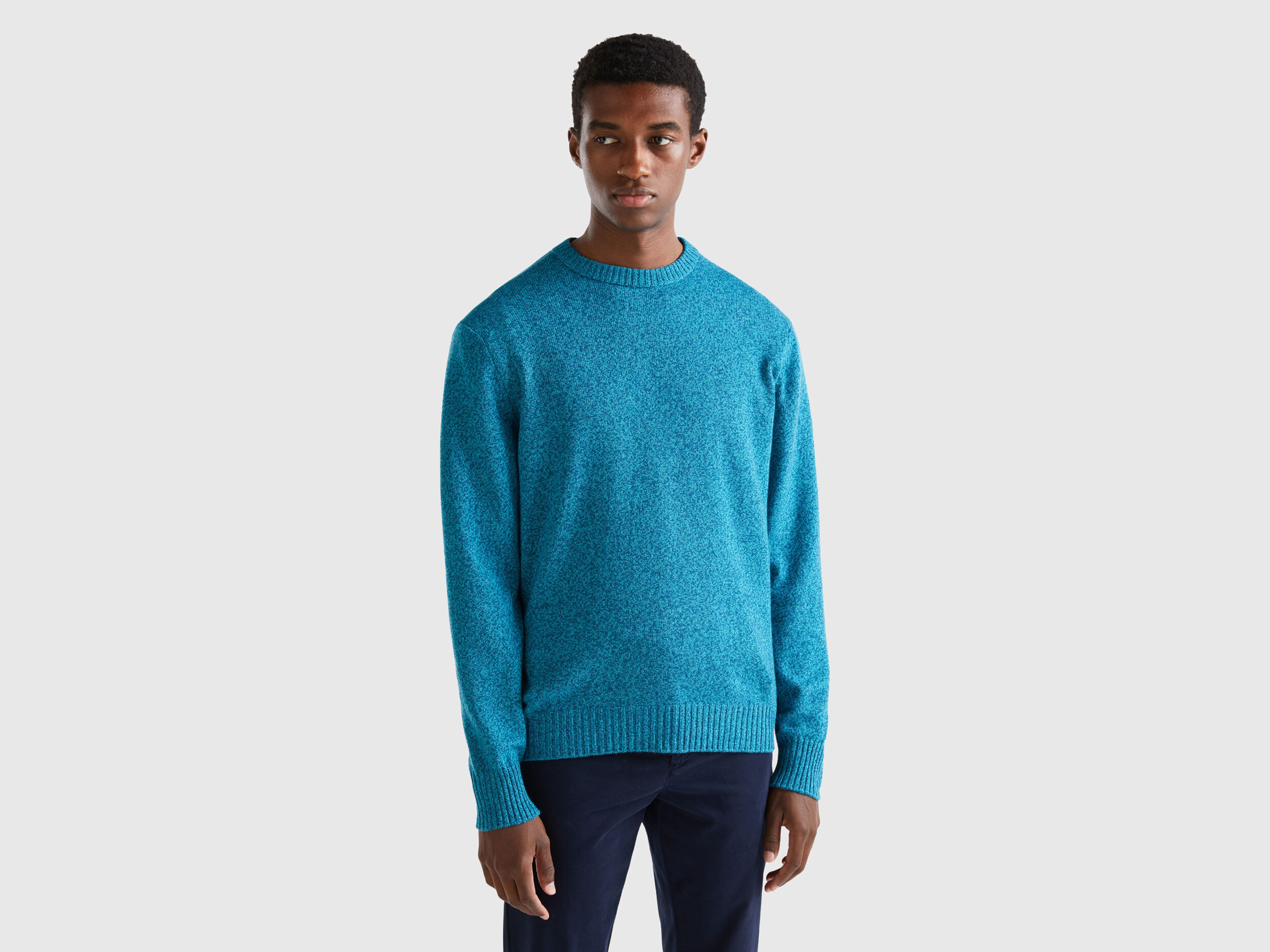 Pull col rond en m lange de laine et cachemire Bleu Benetton