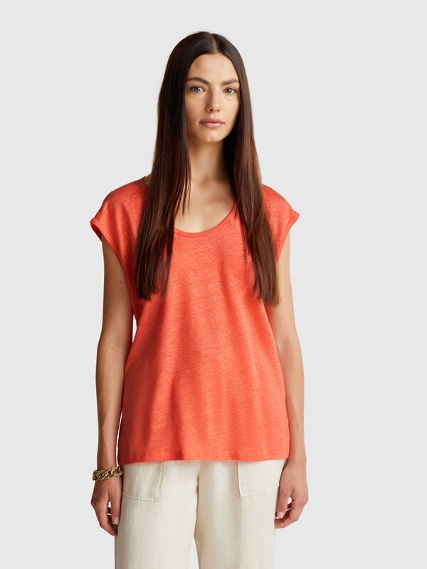 T-shirt col large en pur lin Femme