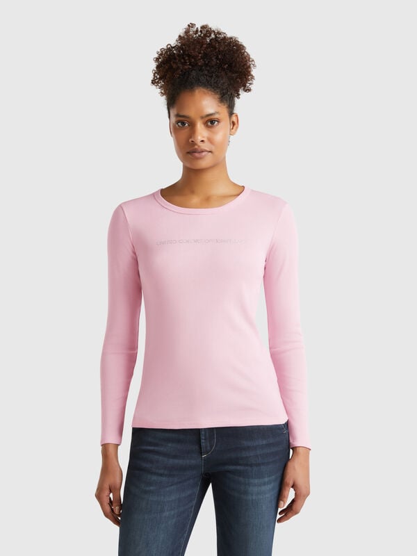 T-shirt rose à manches longues 100 % coton Femme