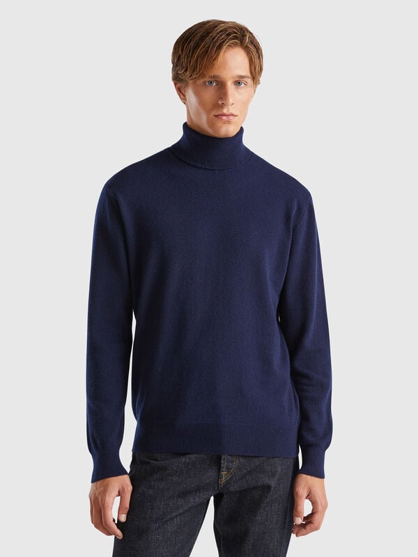 Pull à col roulé bleu nuit en pur cachemire Homme