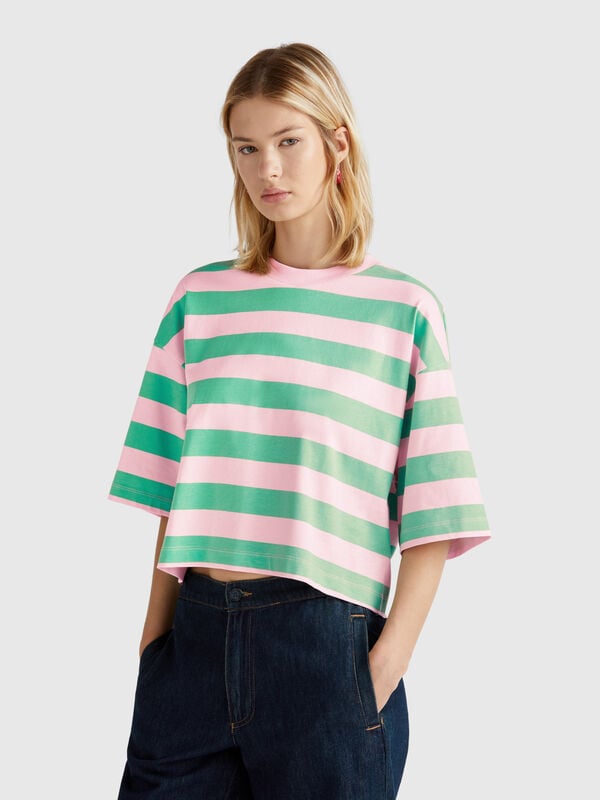 T-shirt rayé vert et rose Femme