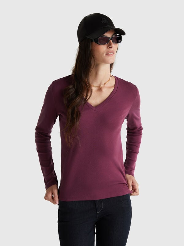 T-shirt violet à col en V Femme