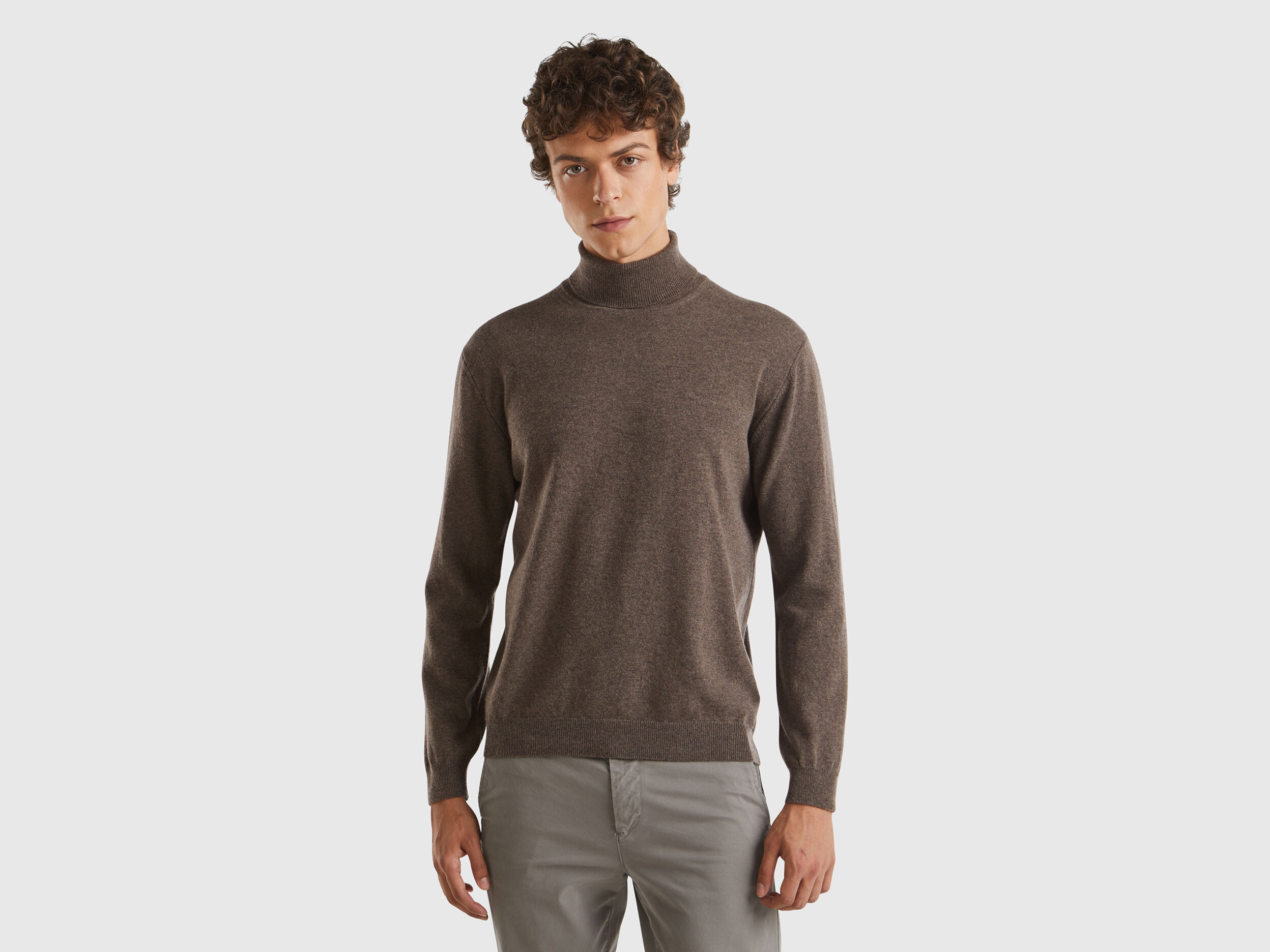 Pull marron col roule en pure laine Merinos Marron Fonce Benetton