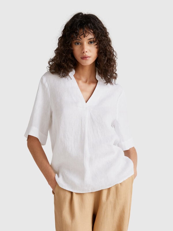 Blouse à manches courtes en pur lin Femme