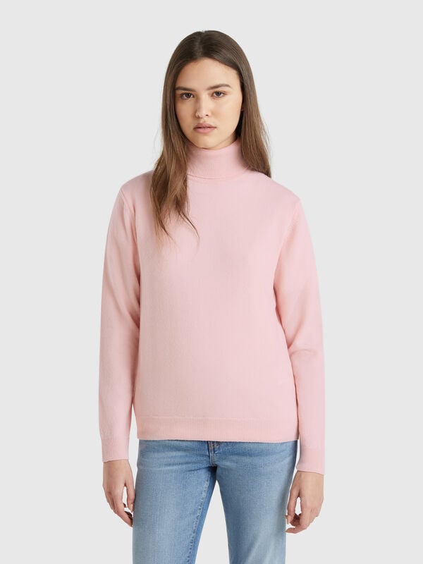 Pull rose poudré à col montant en pure laine mérinos Femme