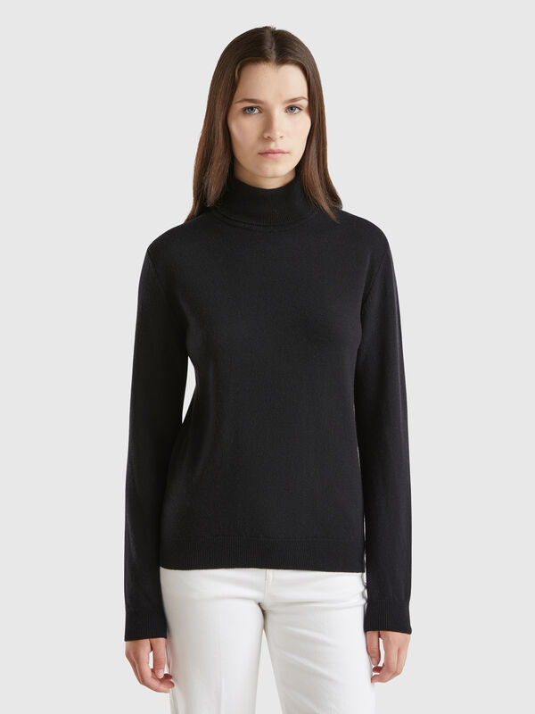 Pull chaud noir à col roulé en pure laine Mérinos Femme