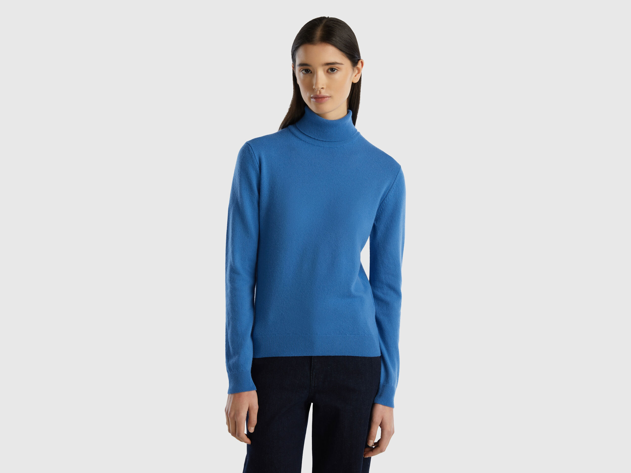 Pull bleu col montant en pure laine m rinos