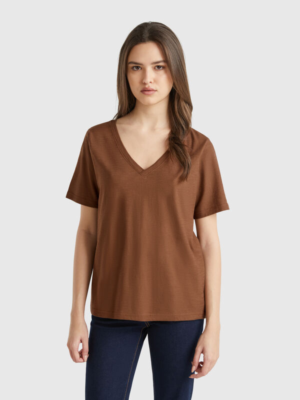 T-shirt à col en V en coton flammé Femme