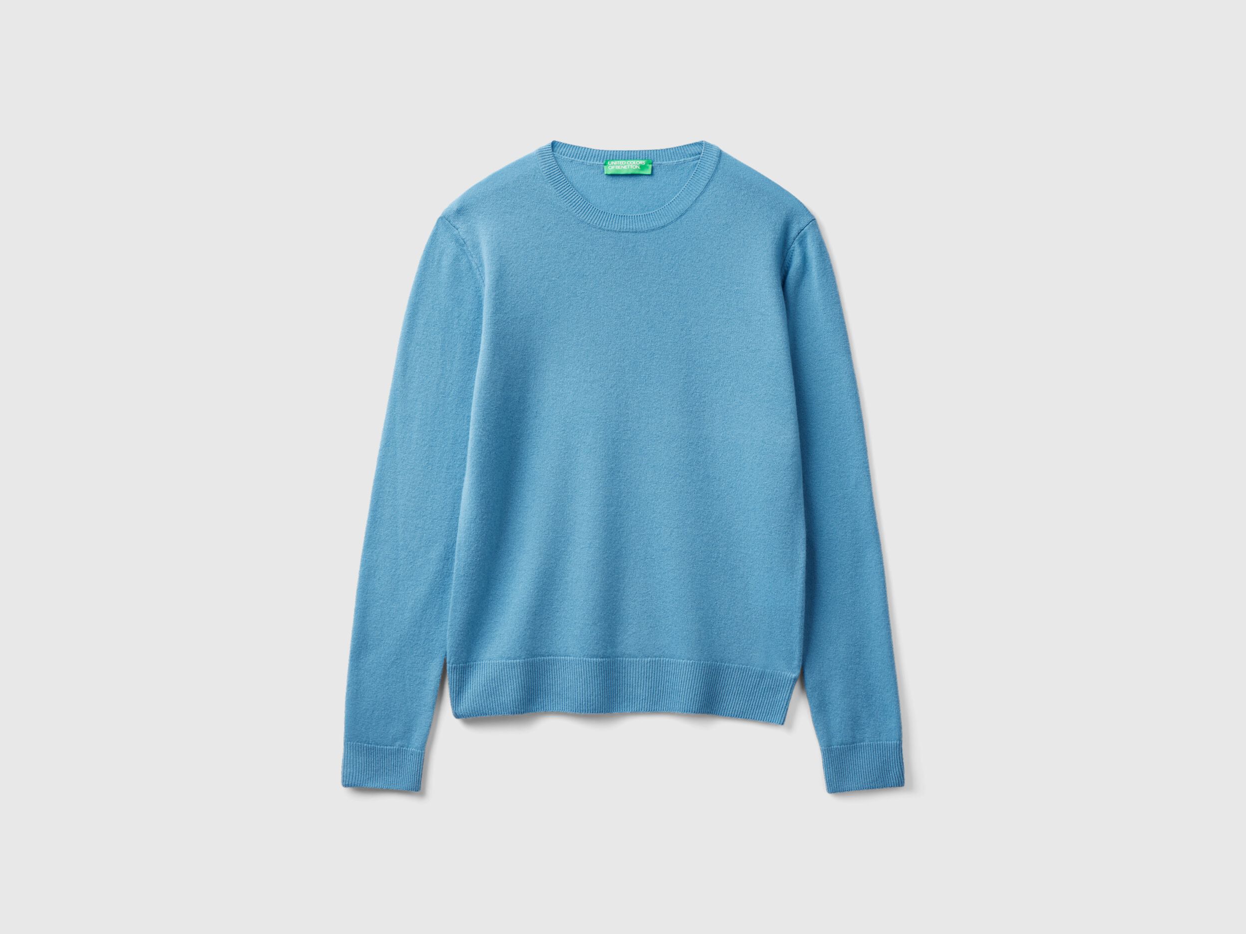 Pull bleu ciel col rond en laine m rinos Bleu Clair Benetton