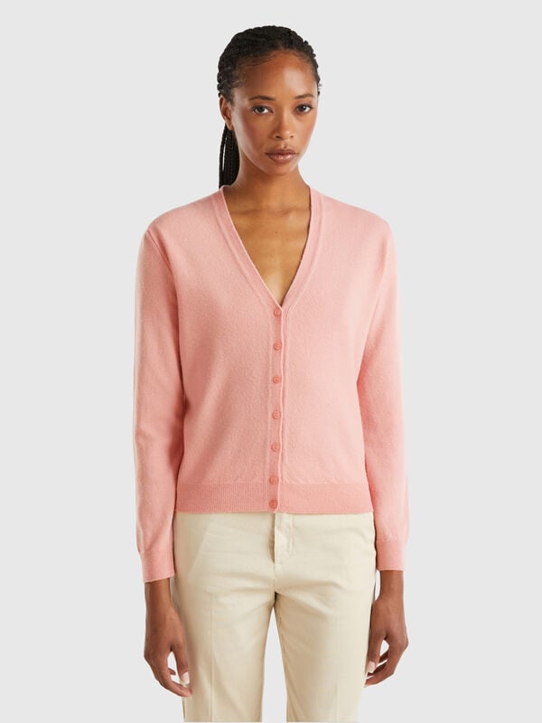 Gilet col en V rose en pure laine mérinos Femme