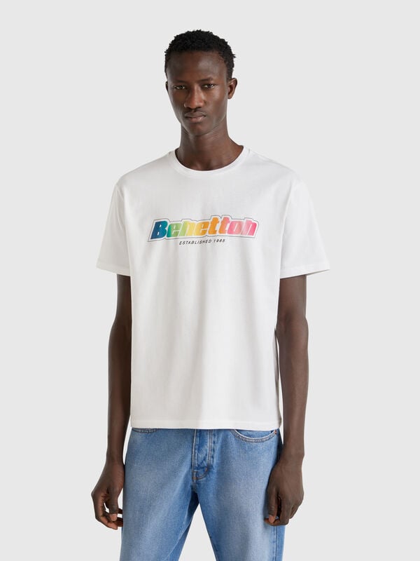 T-shirt en coton blanc avec logo multicolore Homme