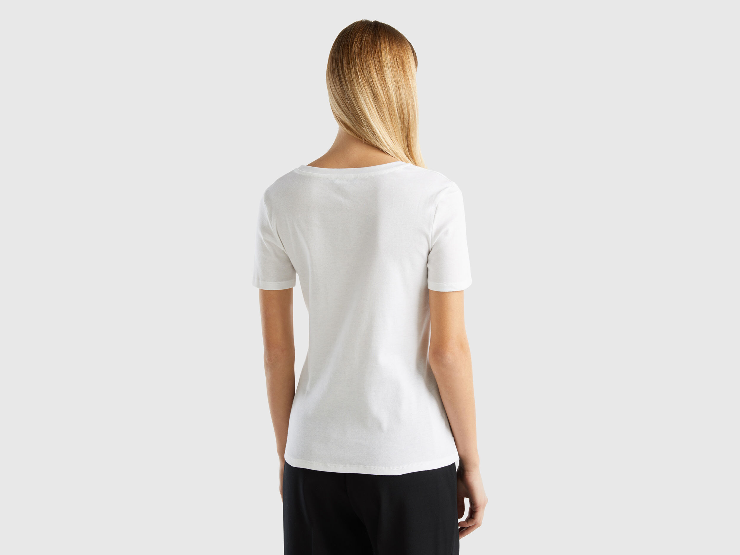 T shirt en pur coton col V Blanc Benetton