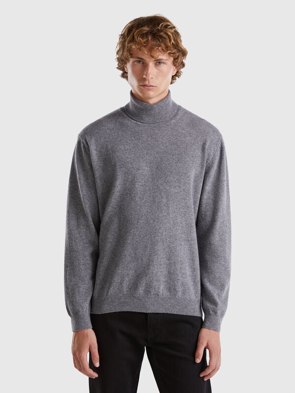 Pull à col montant gris foncé en pure laine mérinos Homme