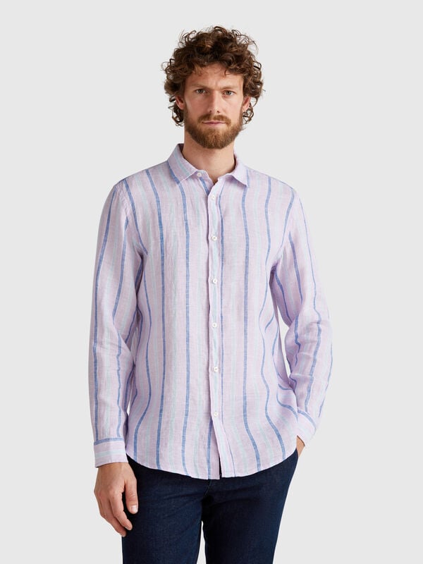 Chemise rayée lilas en pur lin Homme