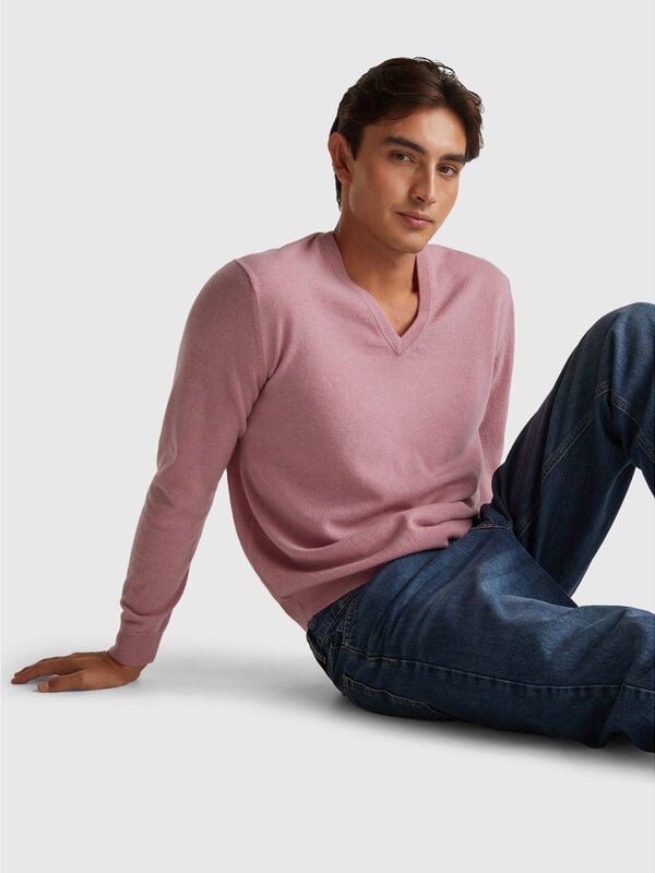 Pull col V rose chiné en pure laine mérinos Homme
