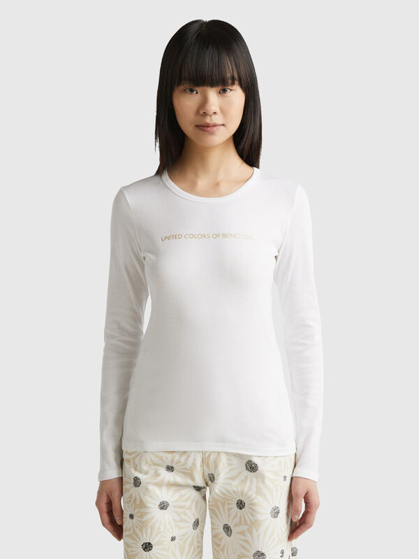 T-shirt blanc manches longues 100 % coton Femme