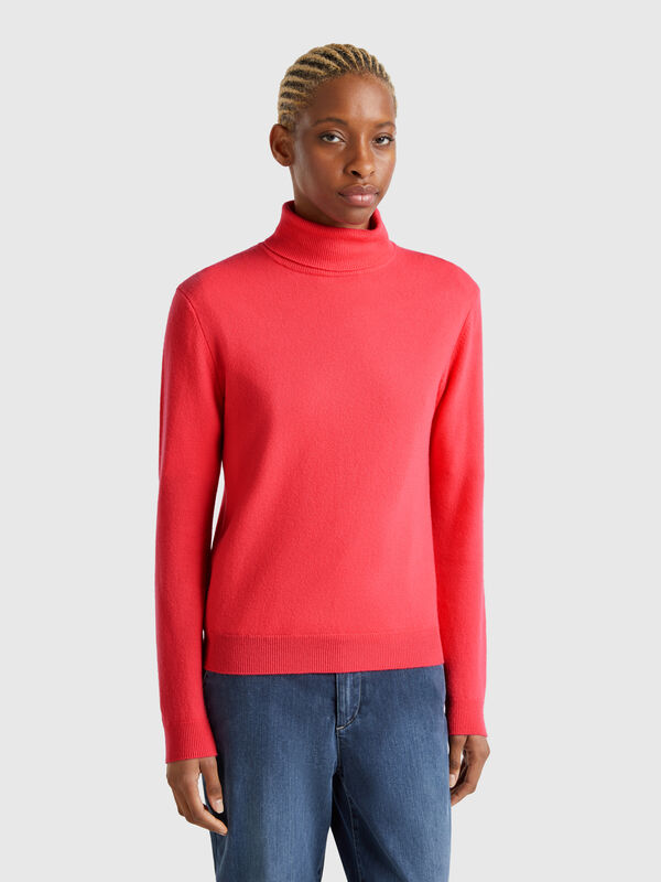 Pull cyclamen à col montant en pure laine mérinos Femme